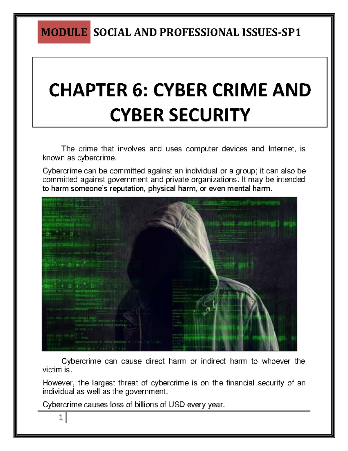 SP1 Chapter 6 - Lecture Notes 6 - CHAPTER 6: CYBER CRIME AND CYBER ...