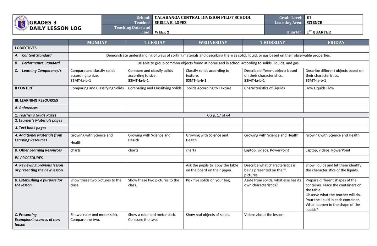 DLL Science-3 Q1 W2 - DLL Science-3 Q1 W2 - GRADES 3 DAILY LESSON LOG ...