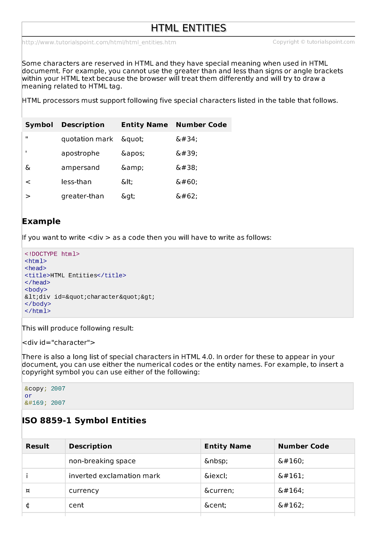 Html Entities - Html Practice - Tutorialspoint/html/html_entities.htm ...