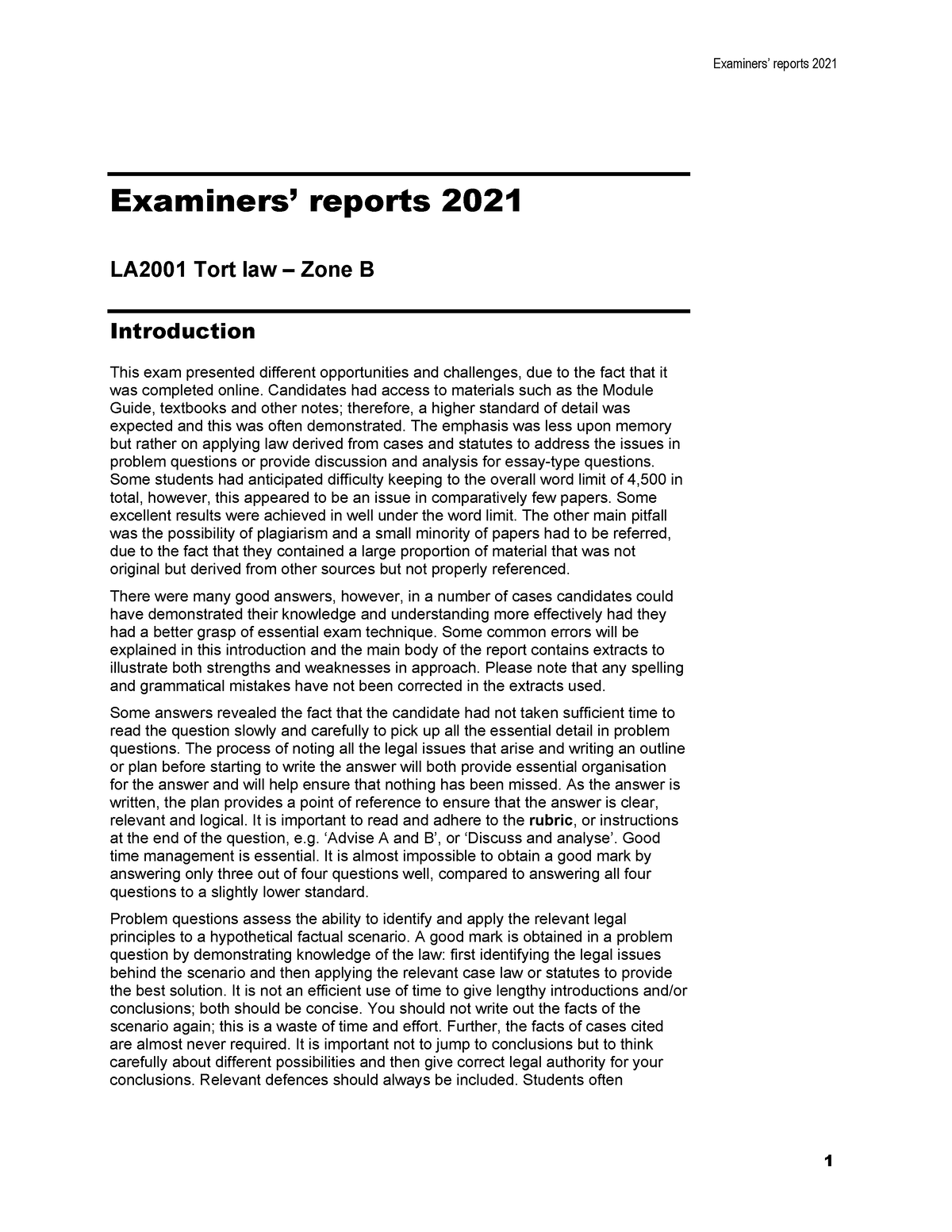 Tort Report 2021 B - Aaacavdbsdsfsgsdgsgs - Examiners’ Reports 2021 ...