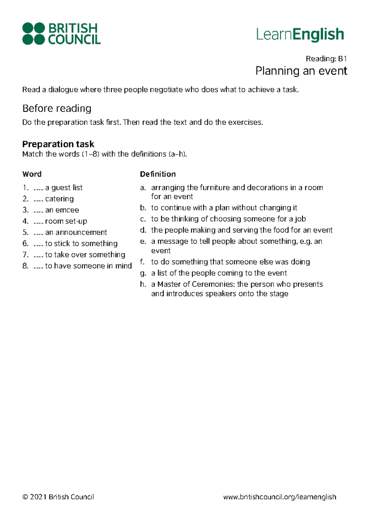 Learn English Reading B1 Planning an event - Reading: B Planning an ...