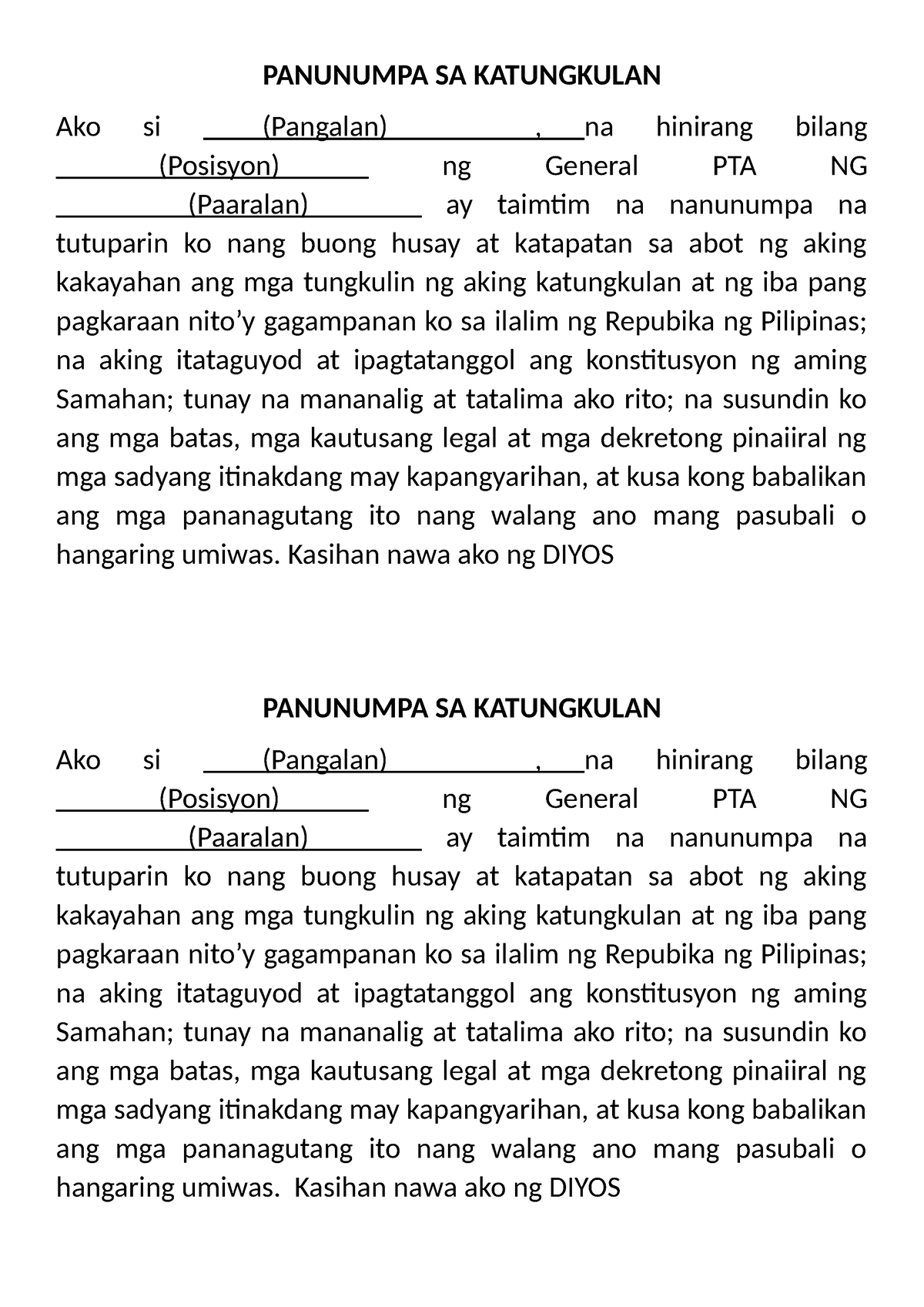 Panunumpa SA Katungkulan - PANUNUMPA SA KATUNGKULAN Ako Si (Pangalan ...