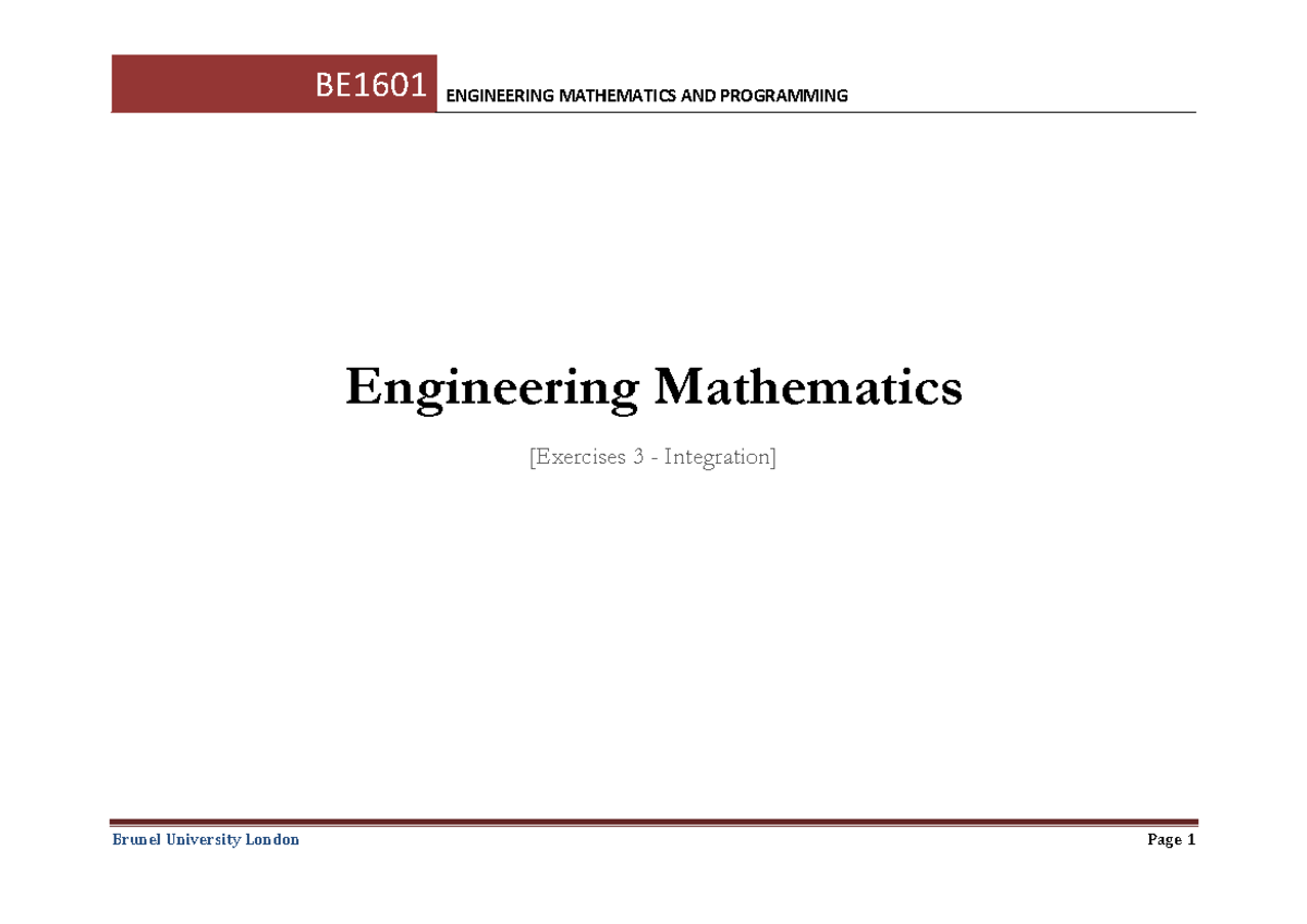 Week 17 - Exercises 3 - Integration - Engineering Mathematics ...