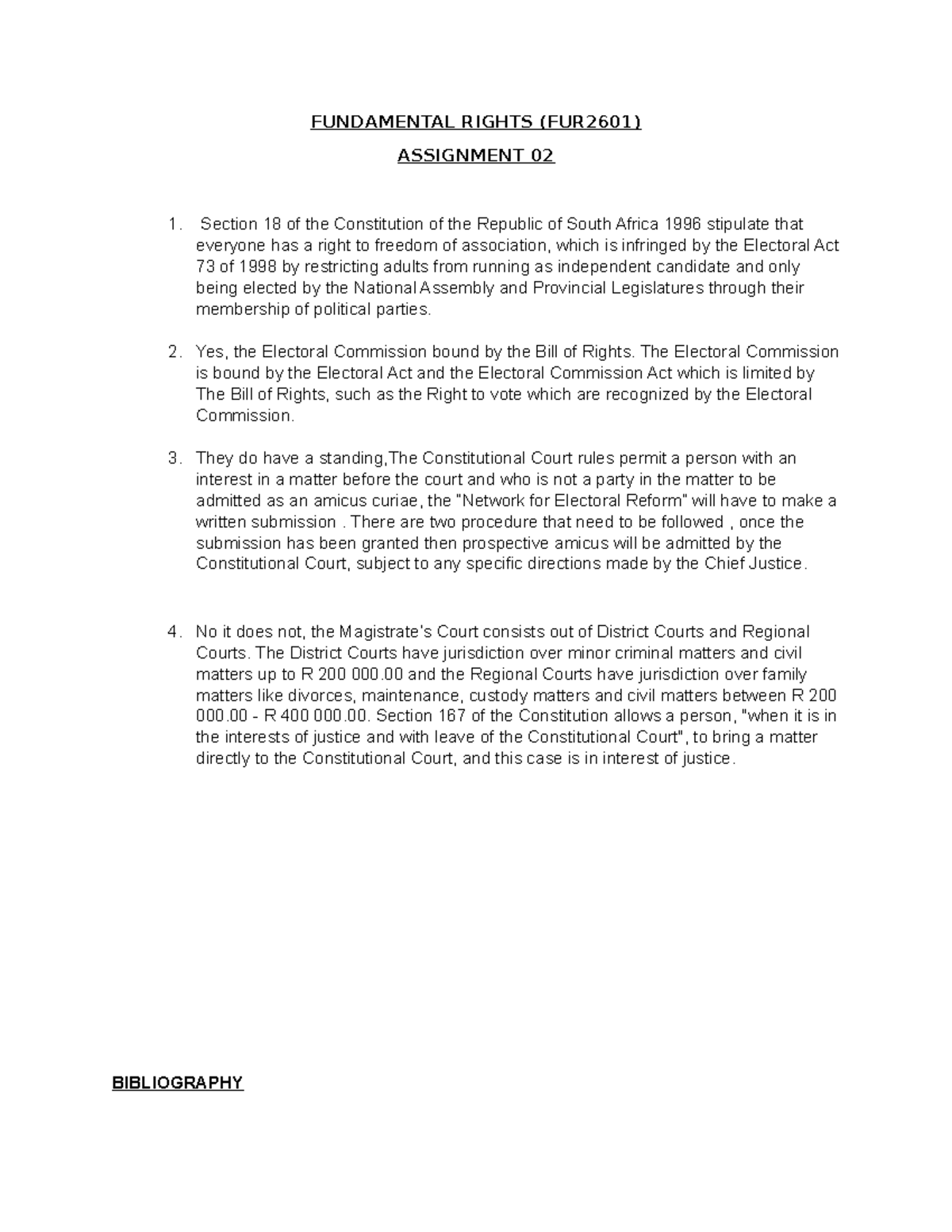 Fundamental Rights ASS2 - FUNDAMENTAL RIGHTS (FUR2601) ASSIGNMENT 02 ...