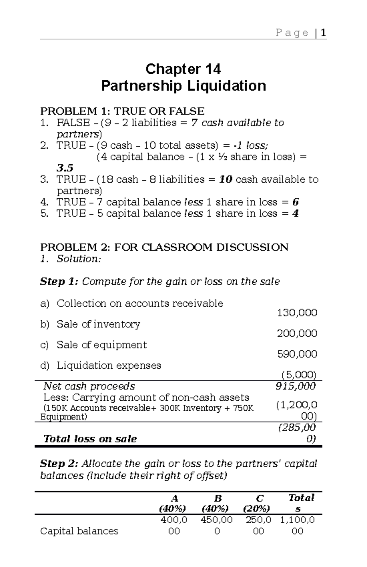 Partnership Liquidation - Chapter 14 Partnership Liquidation PROBLEM 1 ...