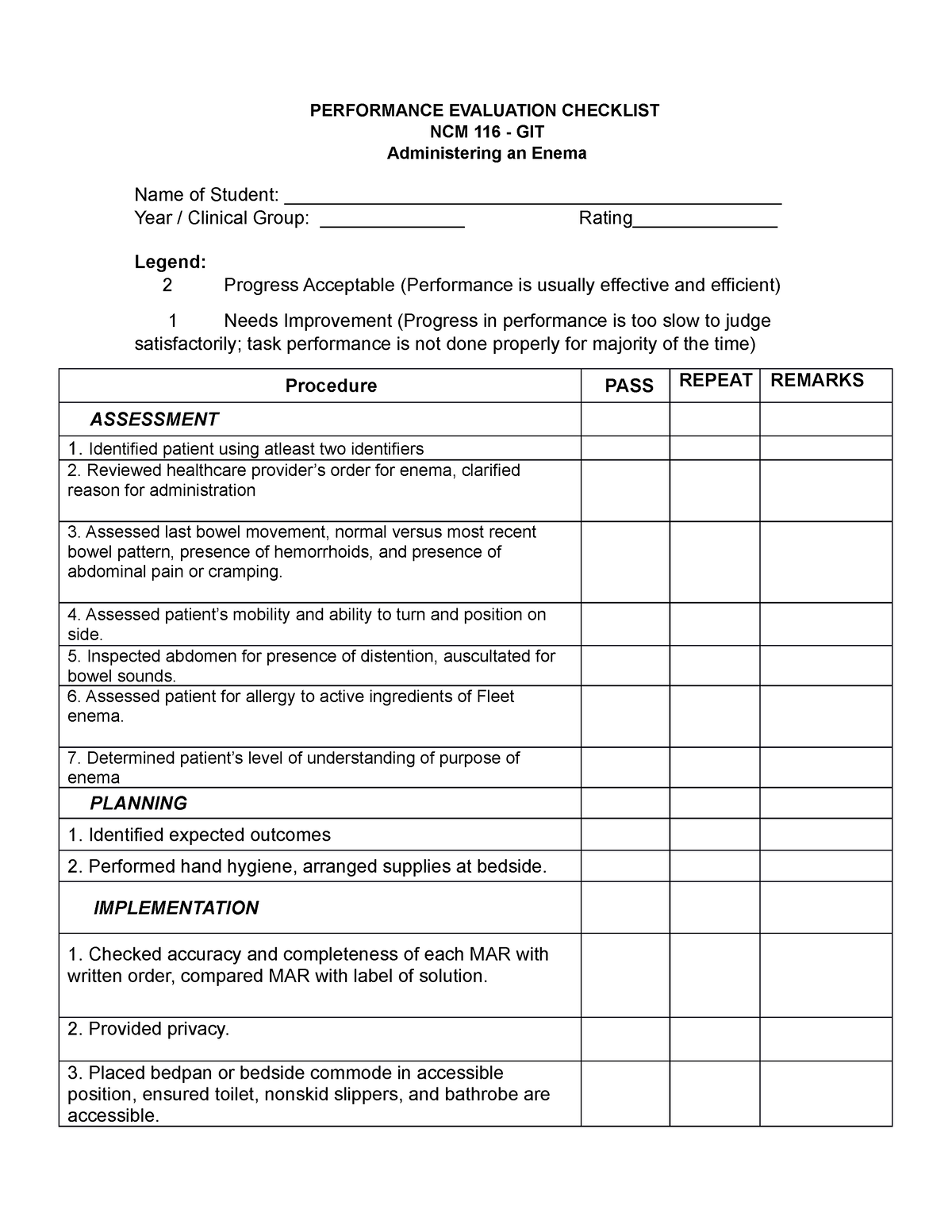 Administering An Enema Checklist PERFORMANCE EVALUATION CHECKLIST NCM