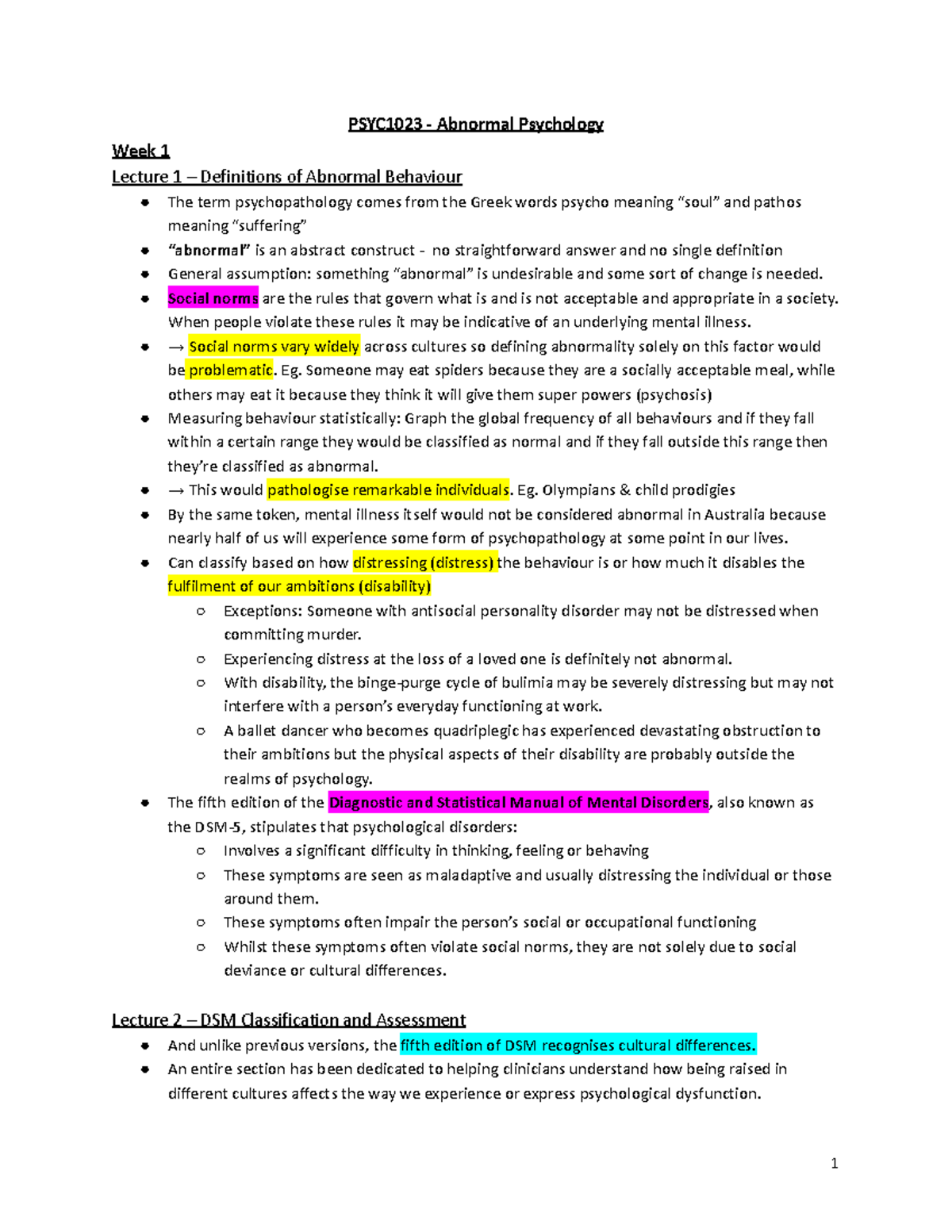 PSYC1023 Midterm Quiz Notes Weeks 1-5 - PSYC1023 - Abnormal Psychology ...