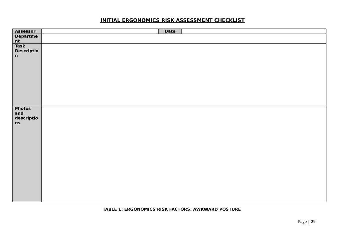 Initial Era Checklist 4 Task In 1 Checklist Initial Ergonomics Risk Assessment Checklist 2083