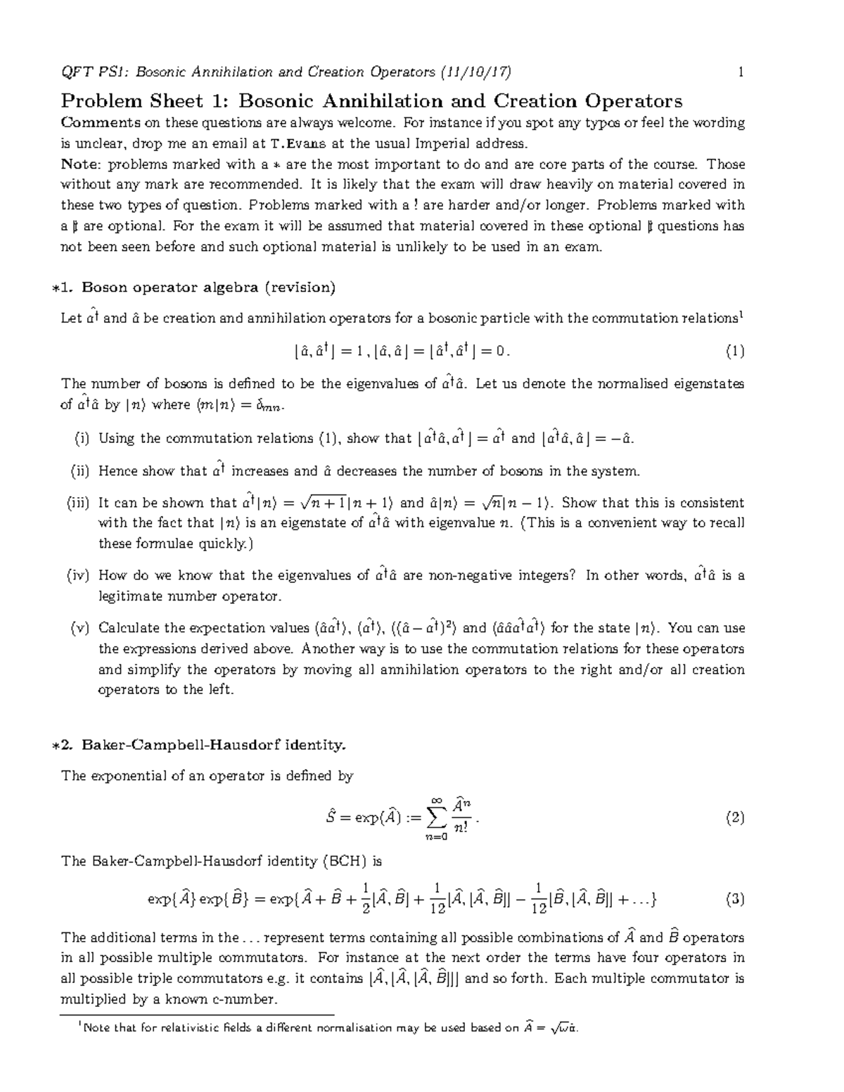 Qft Problem Sheet 1 - QFT Exercises - Problem Sheet 1: Bosonic ...