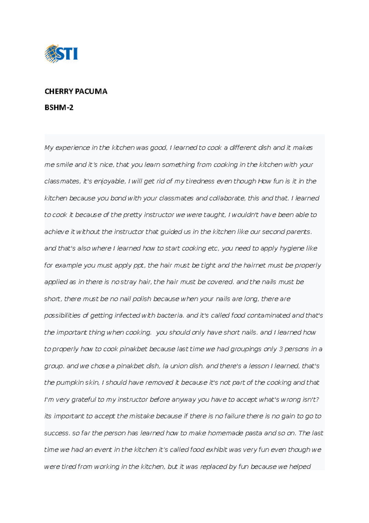 Pacuma- Narrative- Essay 2 - CHERRY PACUMA BSHM- My experience in the ...