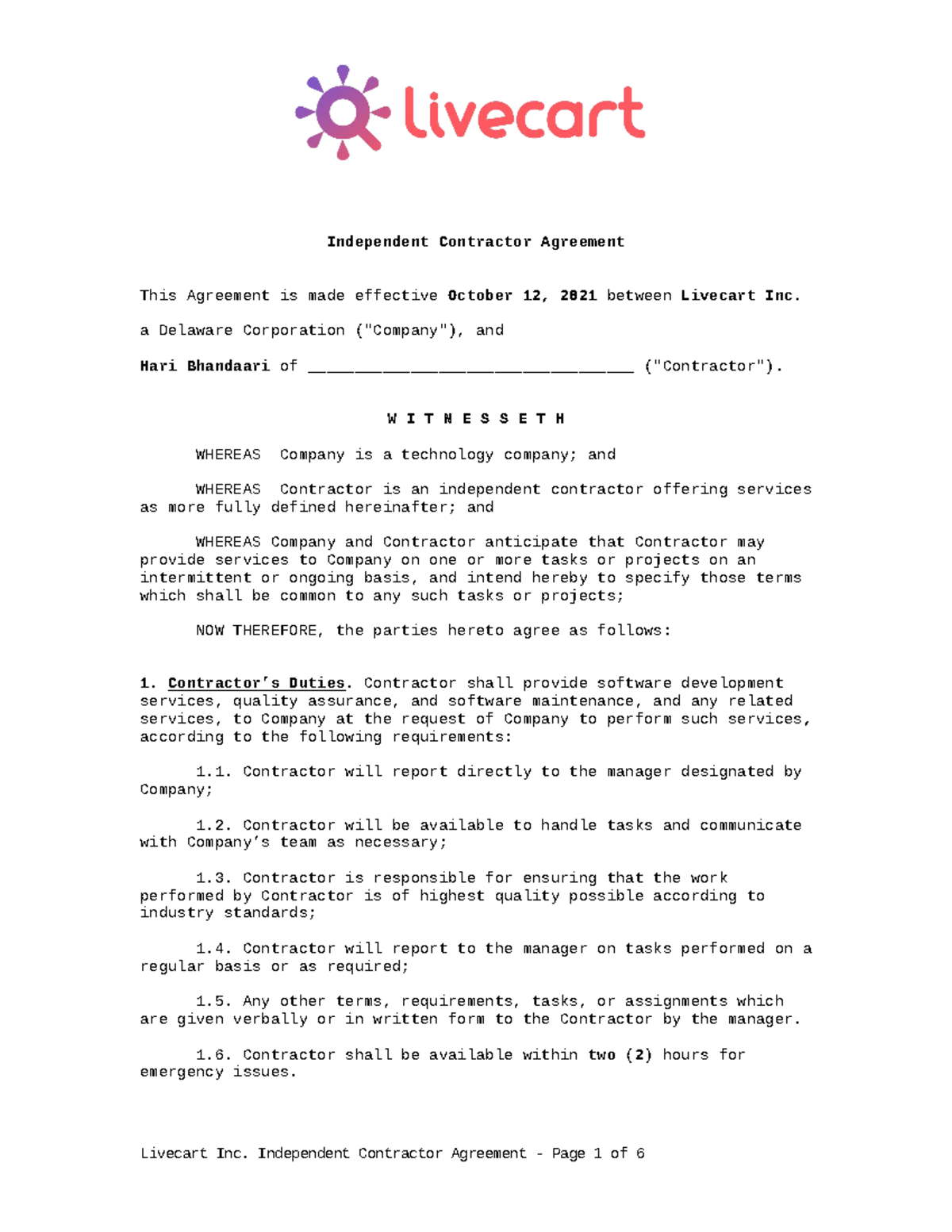 Hari’s Livecart- Contractor Agreement - York - Studocu