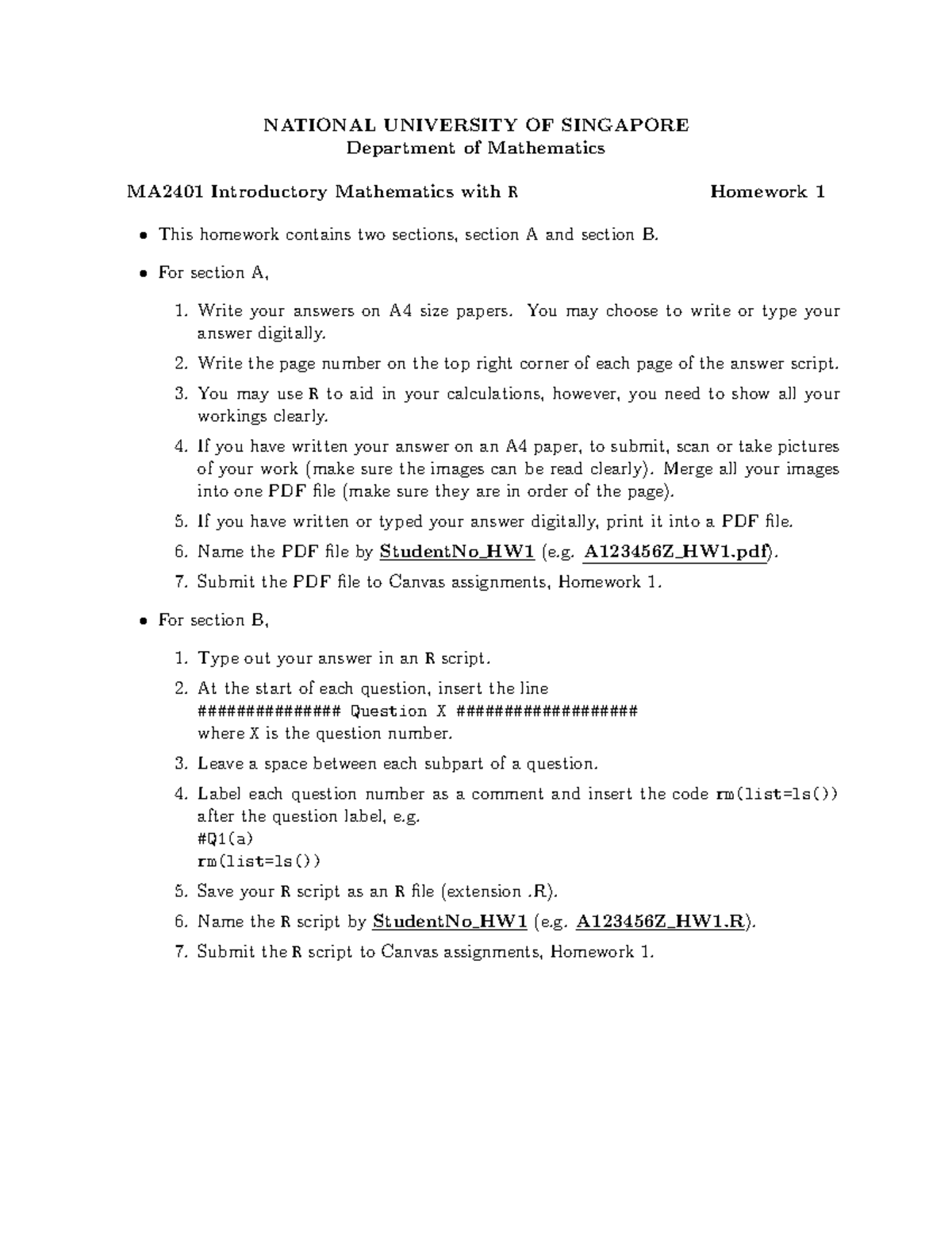 MA2401 Homework 1 (Solution) - NATIONAL UNIVERSITY OF SINGAPORE ...