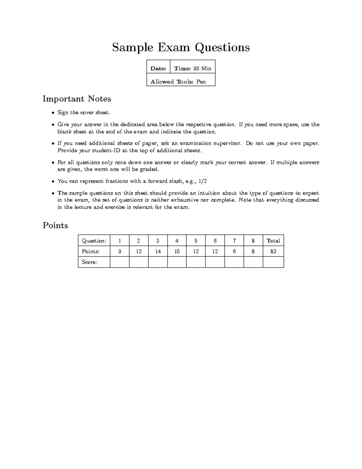 10 sample questions - Wintersemester - Sample Exam Questions Date: Time ...