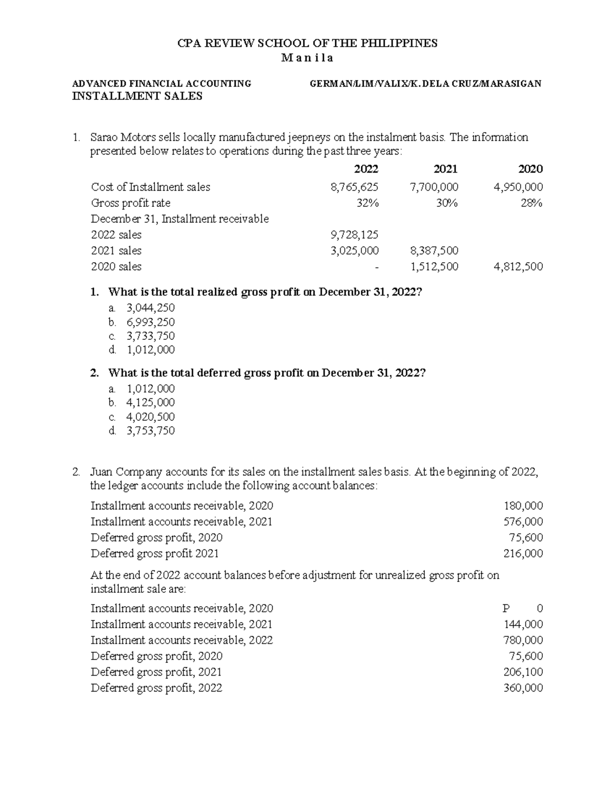 Installment Sales Supplementary Problems - CPA REVIEW SCHOOL OF THE ...