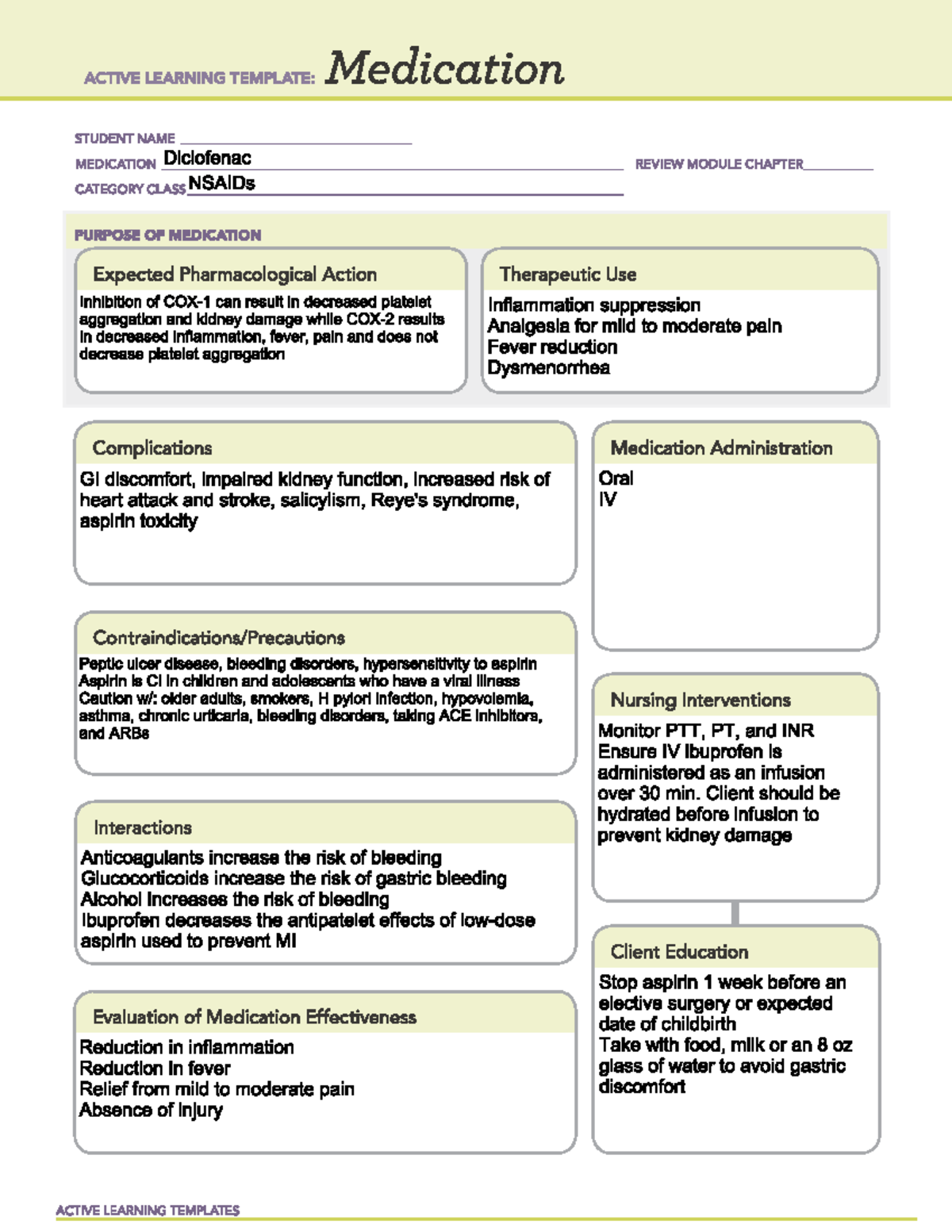 Diclofenac ATI pharmacology sheet ACTIVE LEARNING TEMPLATE