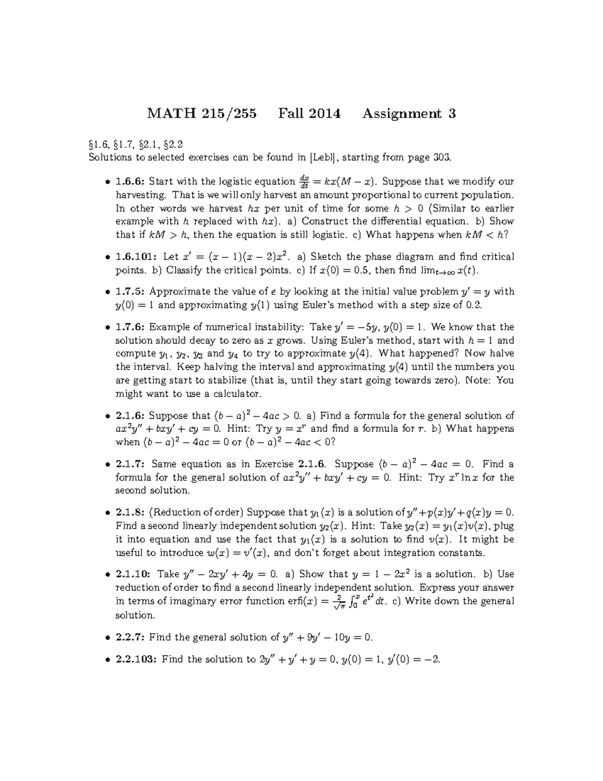H3 - Practice homework 3 - MATH 215/255 Fall 2014 Assignment 3 §1,§1,§2 ...