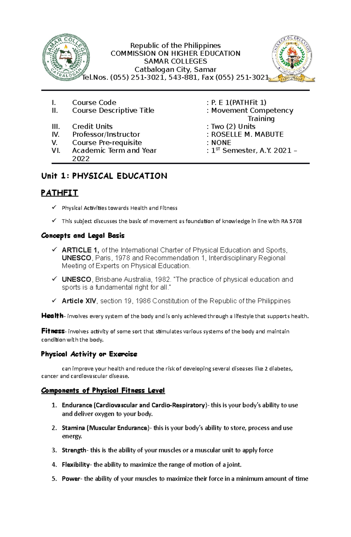 Pathfit 1-Handout - A study guide. - Republic of the Philippines ...