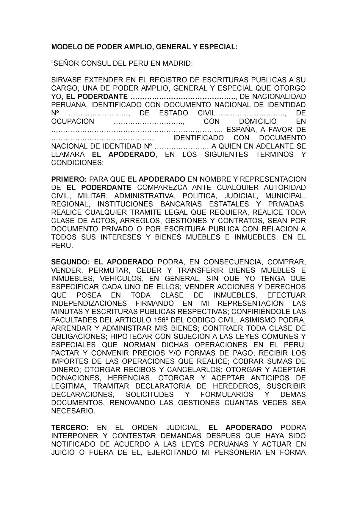 MOD Poder Amplio General Y Especial - MODELO DE PODER AMPLIO, GENERAL Y  ESPECIAL: ”SEÑOR CONSUL DEL - Studocu