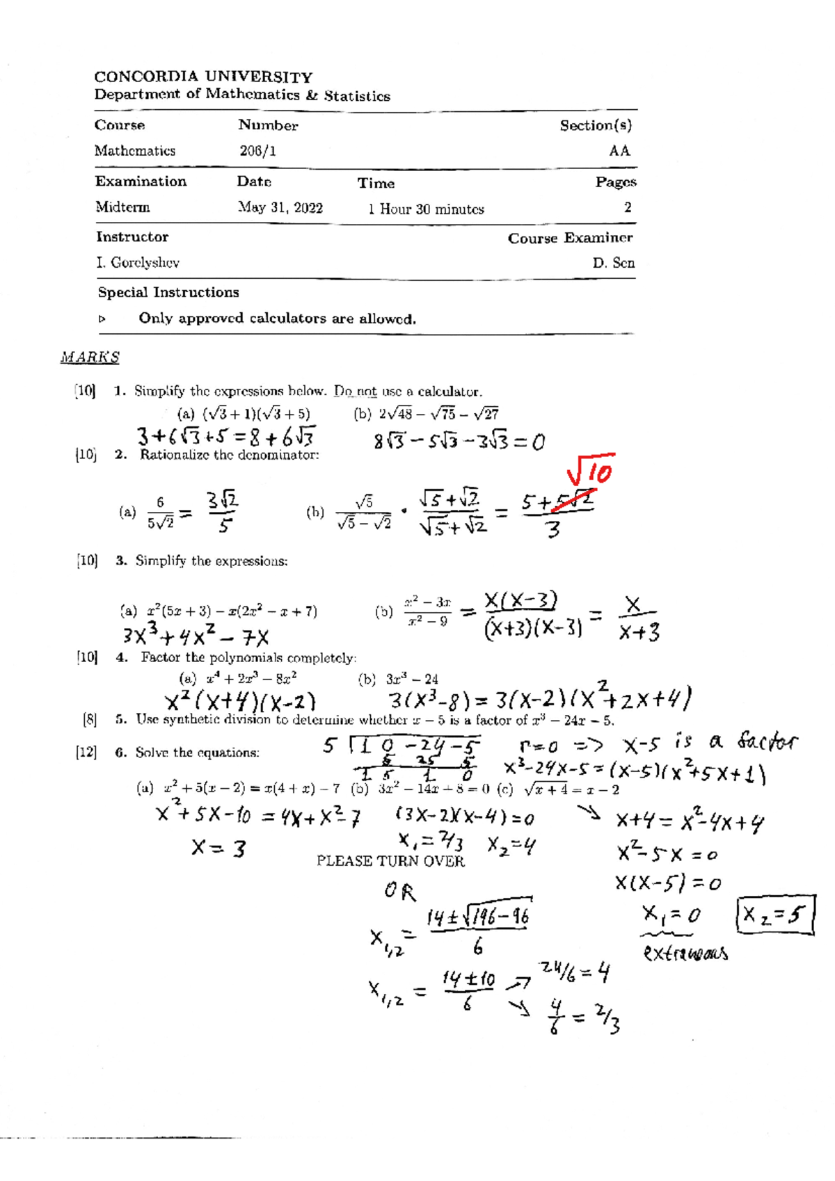 MATH 206 AA [MAY 31, 2022] Midterm Examination - Solution - MATH 206 ...