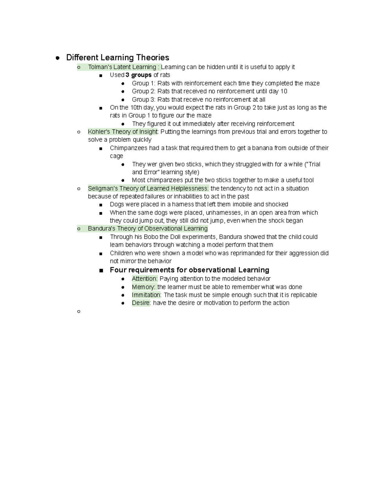PSYC 101 Class Notes - Different Learning Theories Tolman’s Latent ...