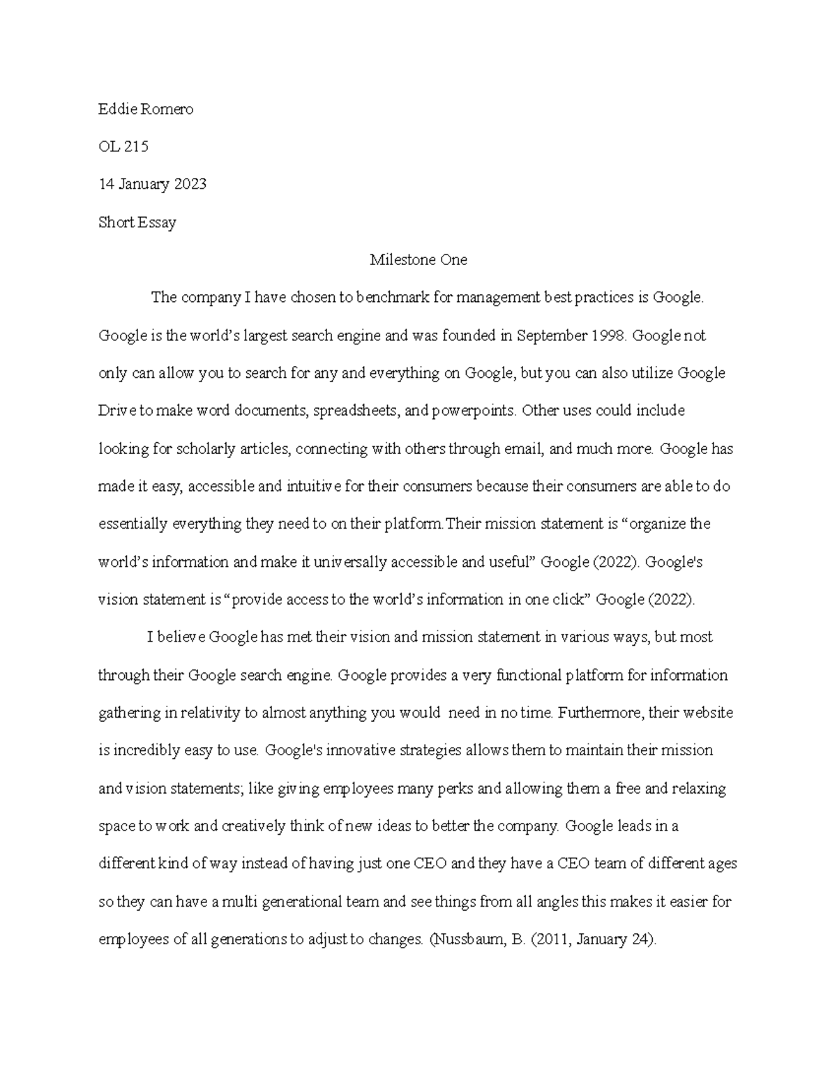 Milestone One Coursework Eddie Romero OL 215 14 January 2023 Short