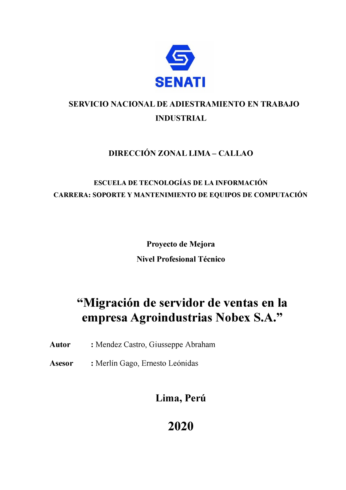 Proyecto DE Innovacion Mejora Senati 2020 - Mendez 3 - SERVICIO ...