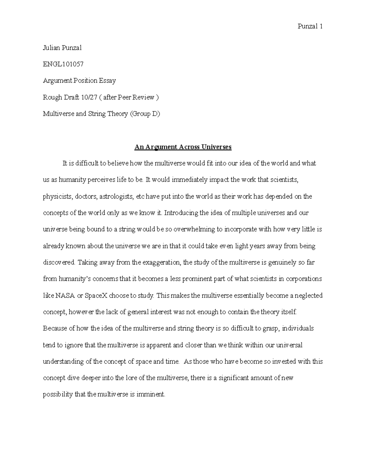 Julian Punzal - ENGL101057 Argument Position Essay (Rough Draft 10 27 ...