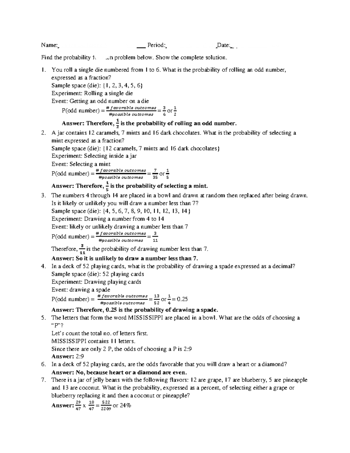 Probability Find The Probability For Each Problem Below. Show The 