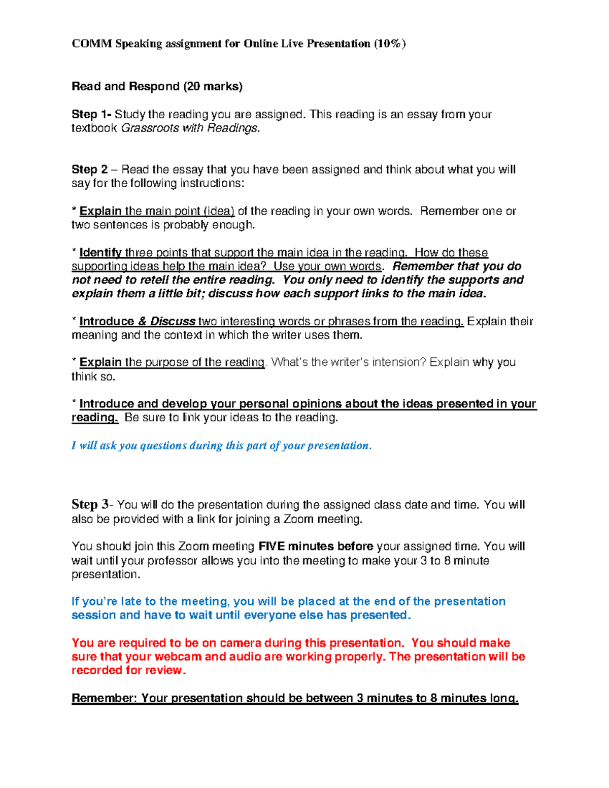 COMM 141 005 Speaking Assignment Instructions - Read and Respond (20 ...