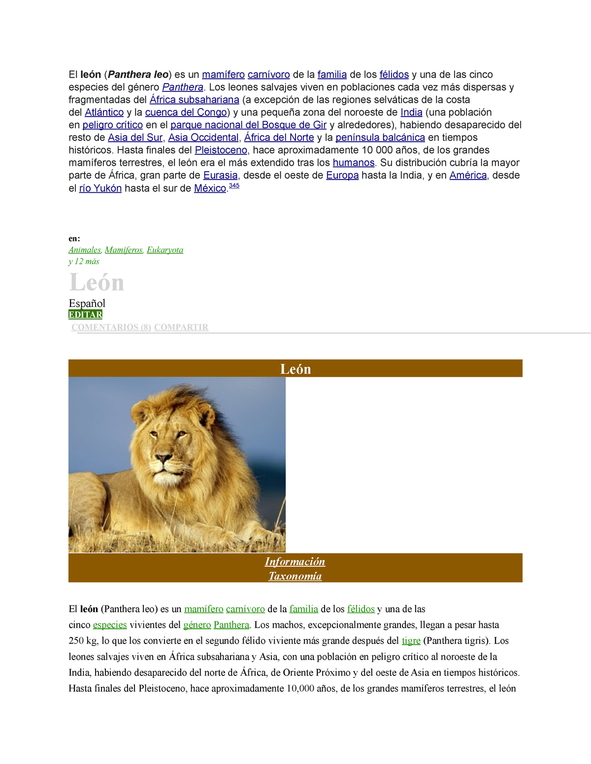 Leon - relato - El león (Panthera leo) es un mamífero carnívoro de la  familia de los félidos y una - Studocu