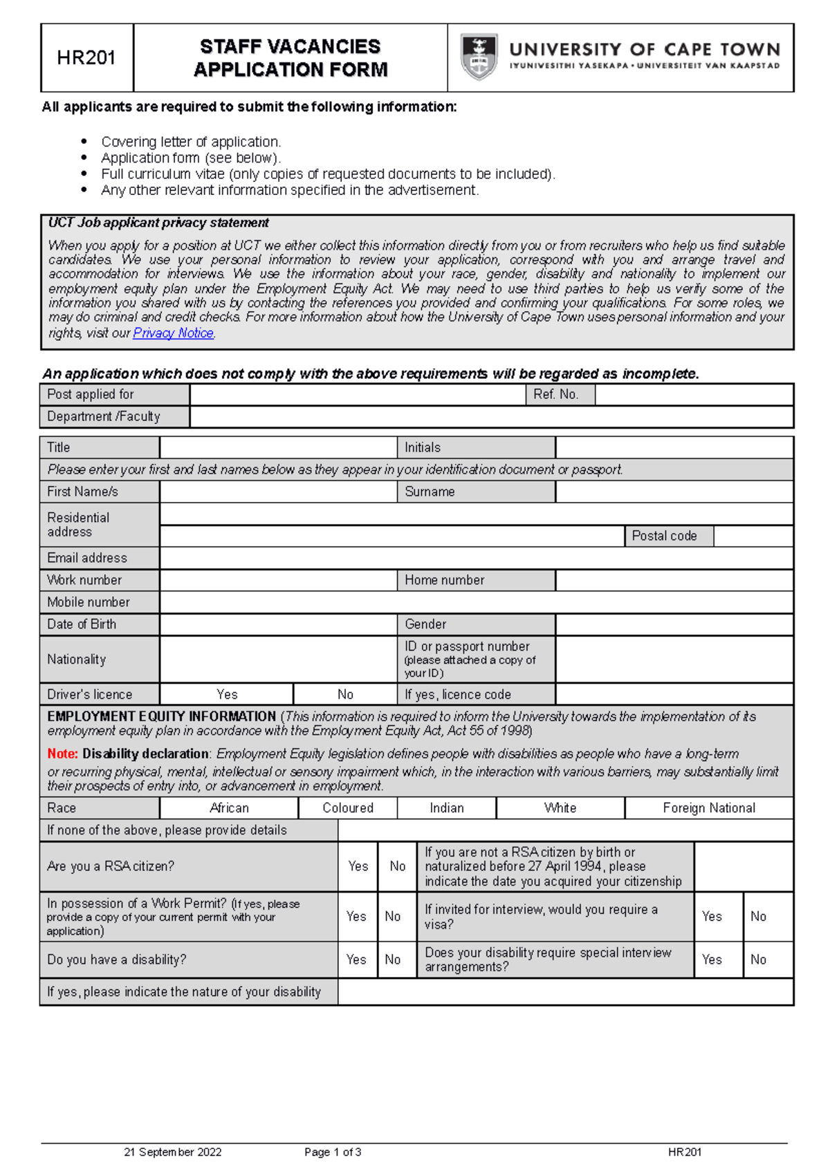 Hr201 - HR STAFF VACANCIESSTAFF VACANCIES APPLICATION FORMAPPLICATION ...