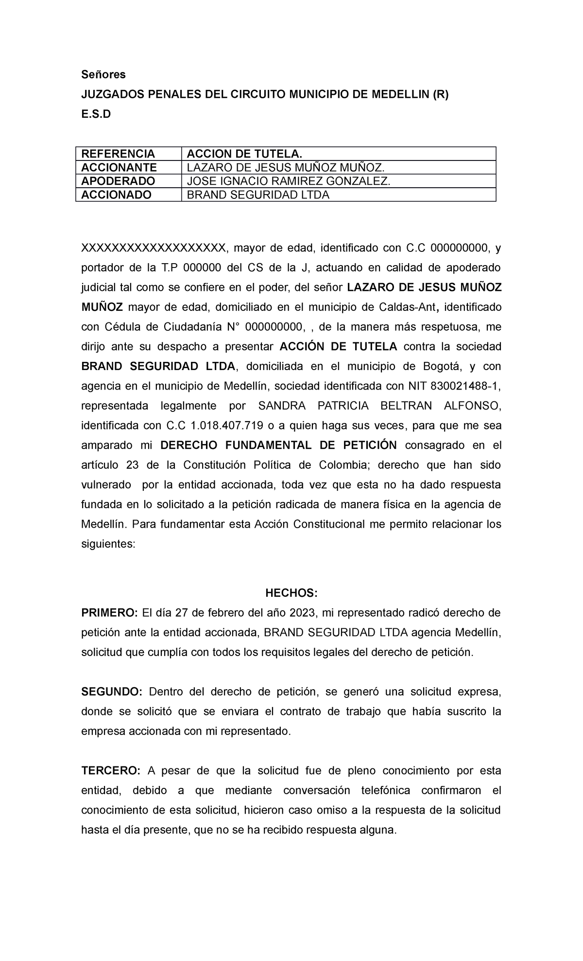 ACCION DE TUTELA VIOLACION ART. 23. DERECHO DE PETICION - Señores ...