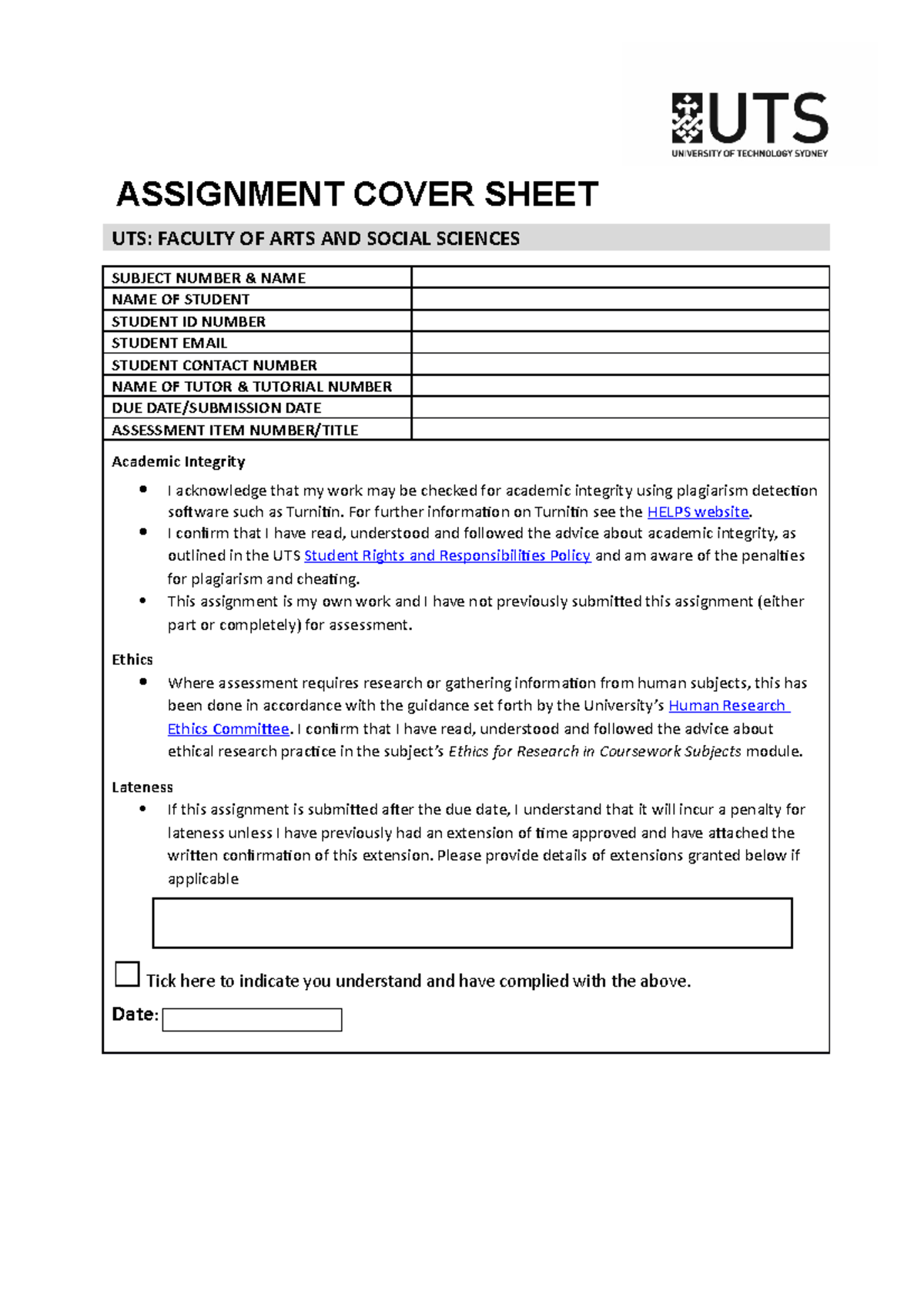 Cover Sheet with Ethics Acknowledgement 52663 ASSIGNMENT COVER SHEET