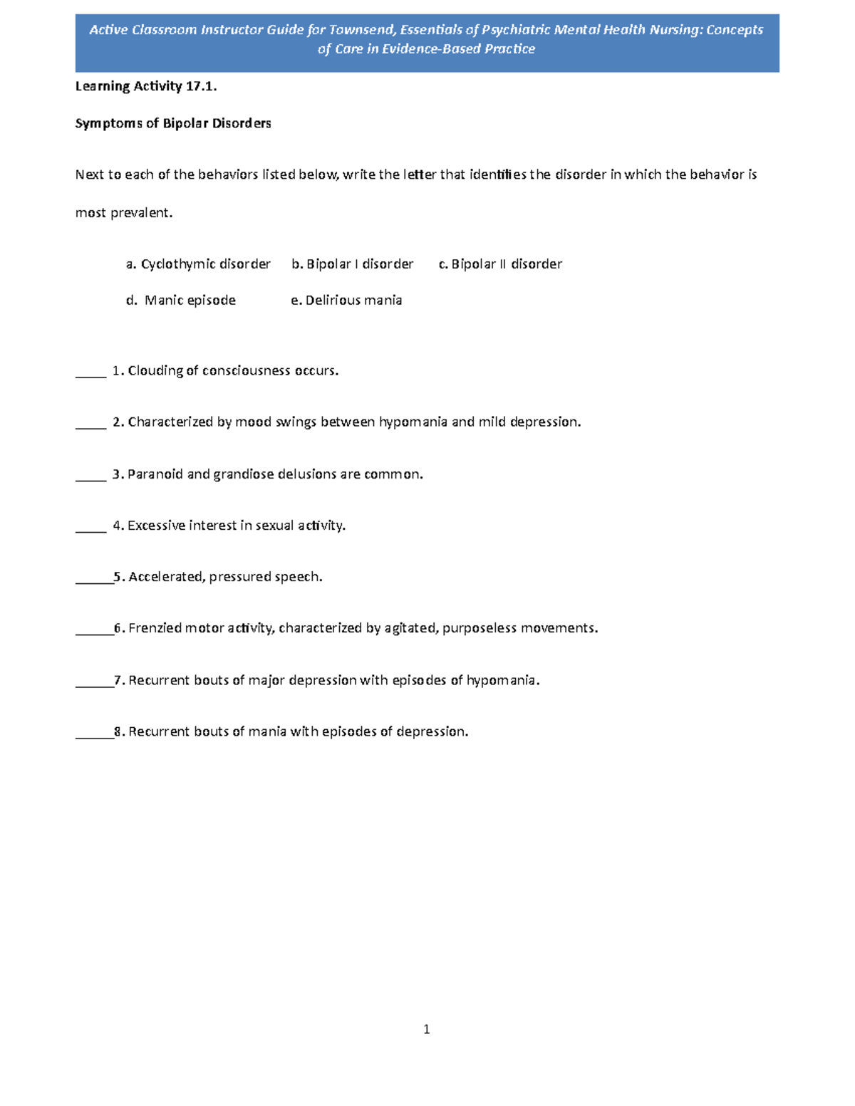 Ch17 (1)- Bipolar Disorder - Learning Activity 17. Symptoms of Bipolar ...