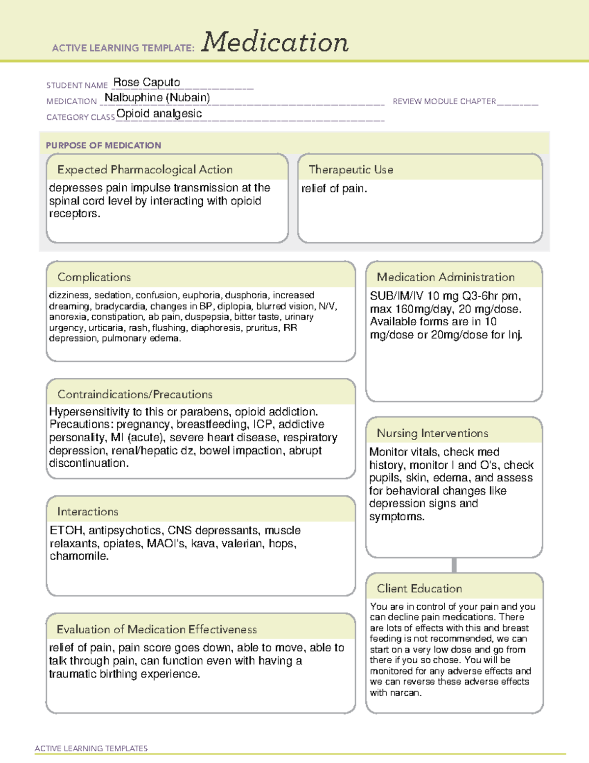 Med Card #15 Nalbuphine - Nurs 307 - Emu - Studocu