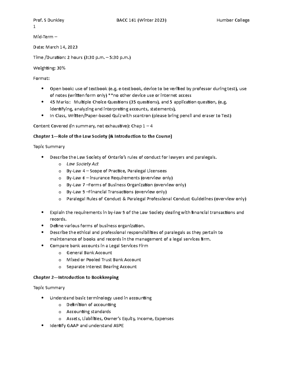 MidTerm Format ONA Accounting Prof. S Dunkley BACC 161 (Winter