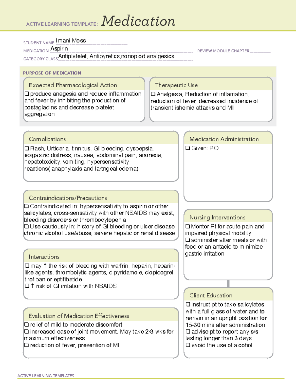 Aspirin - ACTIVE LEARNING TEMPLATES Medication STUDENT NAME