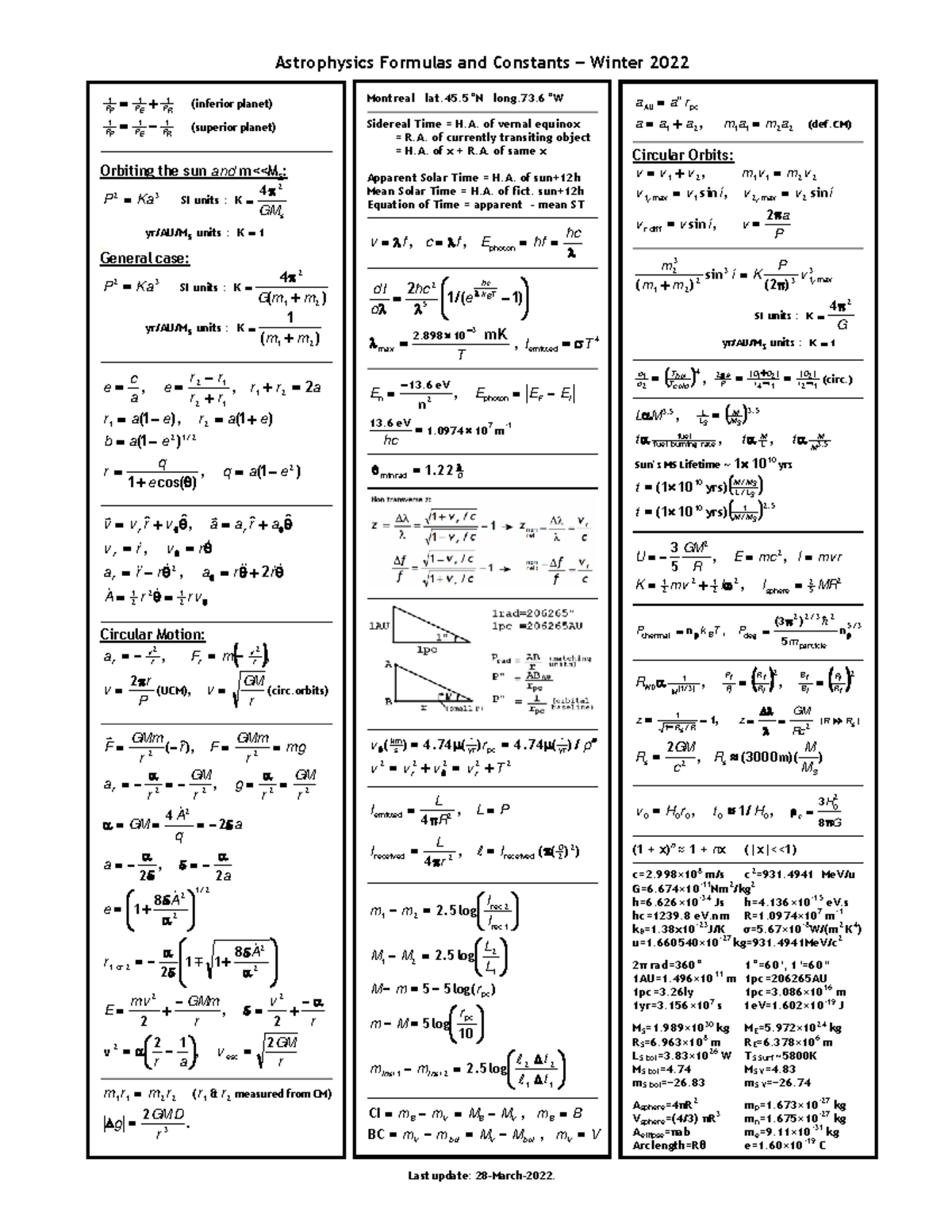 Formula Sheet Astro - Astrophysics Formulas and Constants − Winter 2022 ...