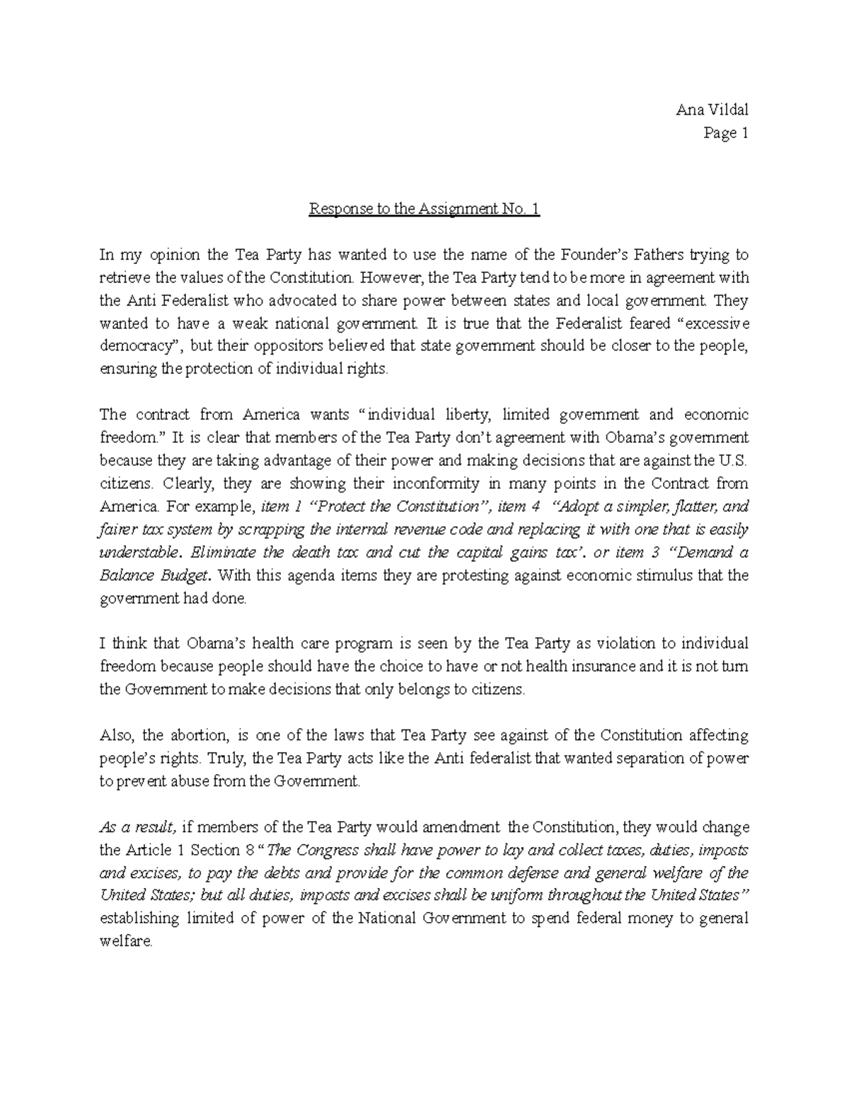 Response to the assignment some political party - Ana Vildal Page 1 ...