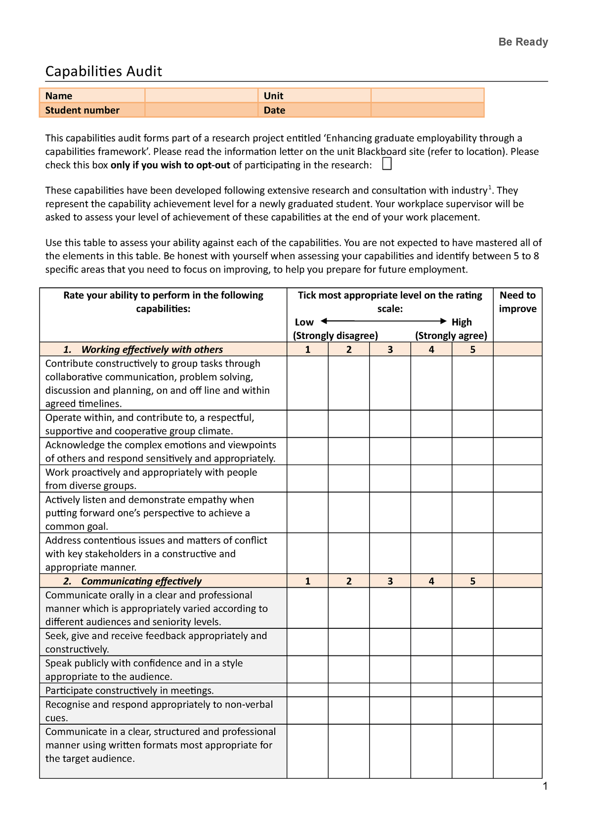 Capabilities Audit - pre-WIL - Be Ready Capabilities Audit Name Unit ...