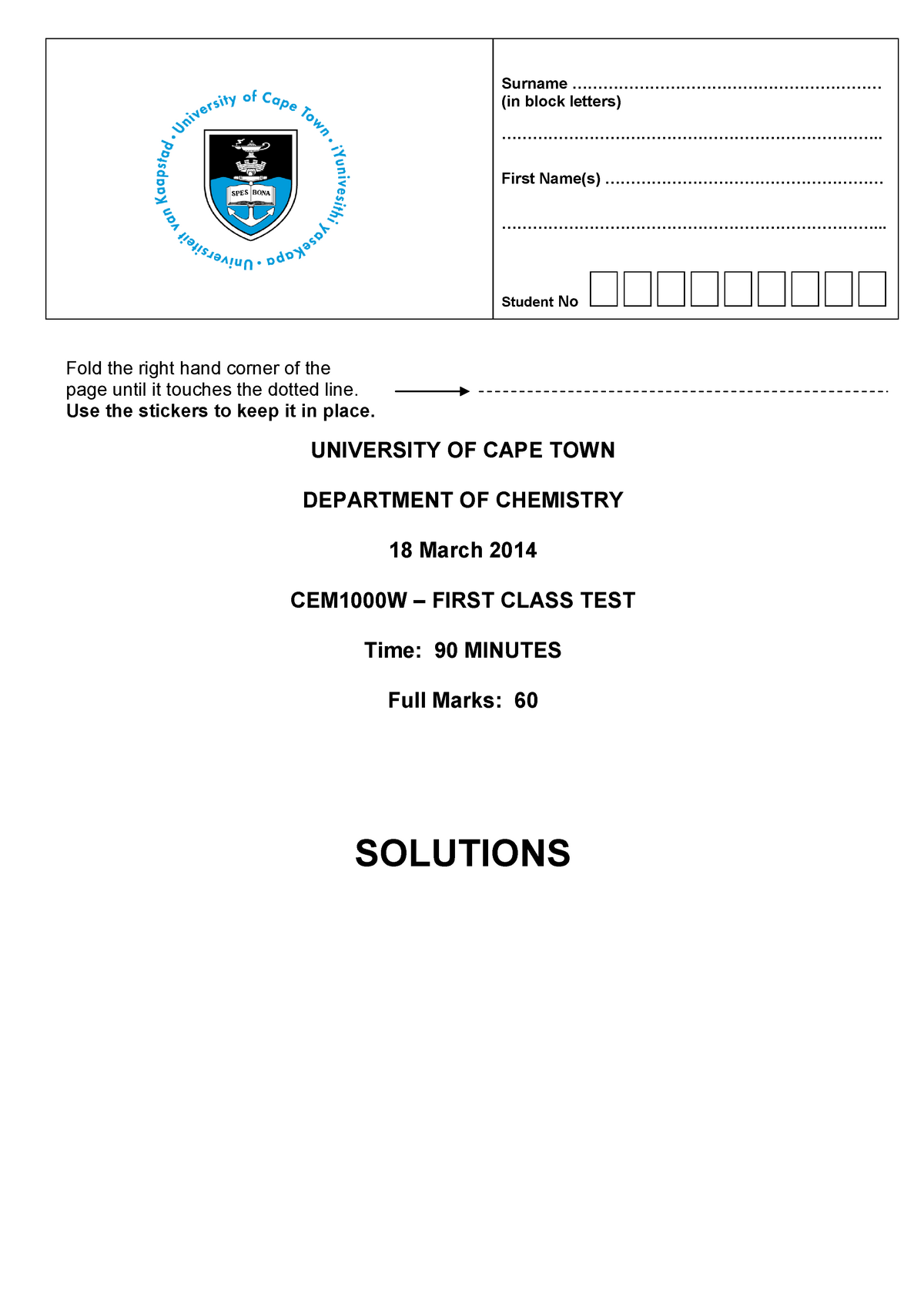 Test 1 2014 Answers Surname in Block Letters