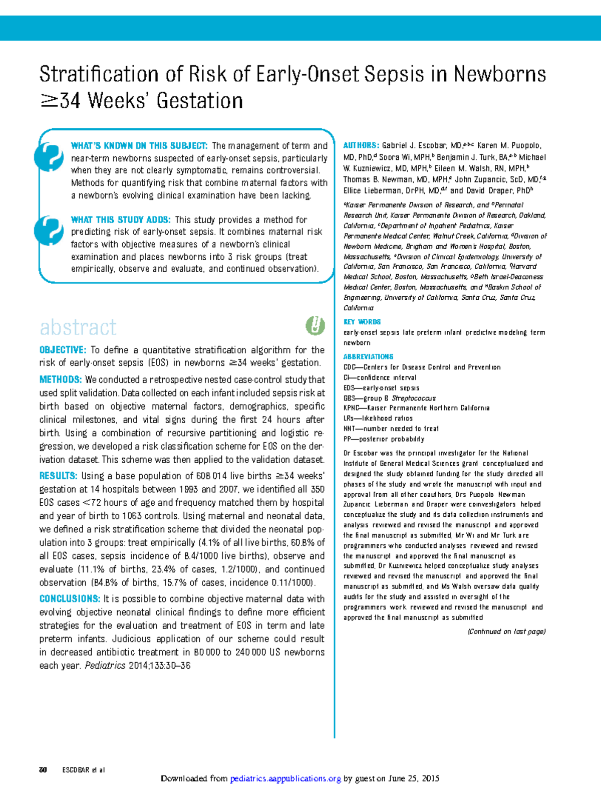 Kaiser Score - Good note - Stratification of Risk of Early-Onset Sepsis ...