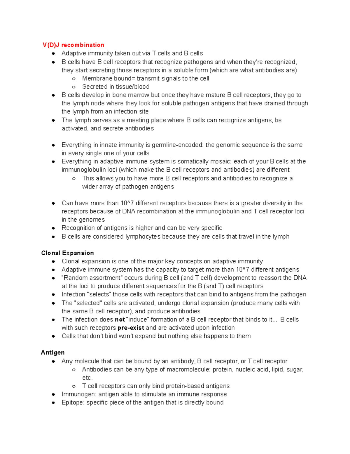 Immunology Exam 2 lecture notes - V(D)J recombination Adaptive immunity ...