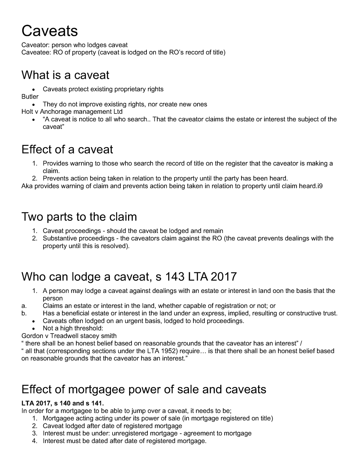 Caveats- Land law - lecture notes - Caveats Caveator: person who lodges ...