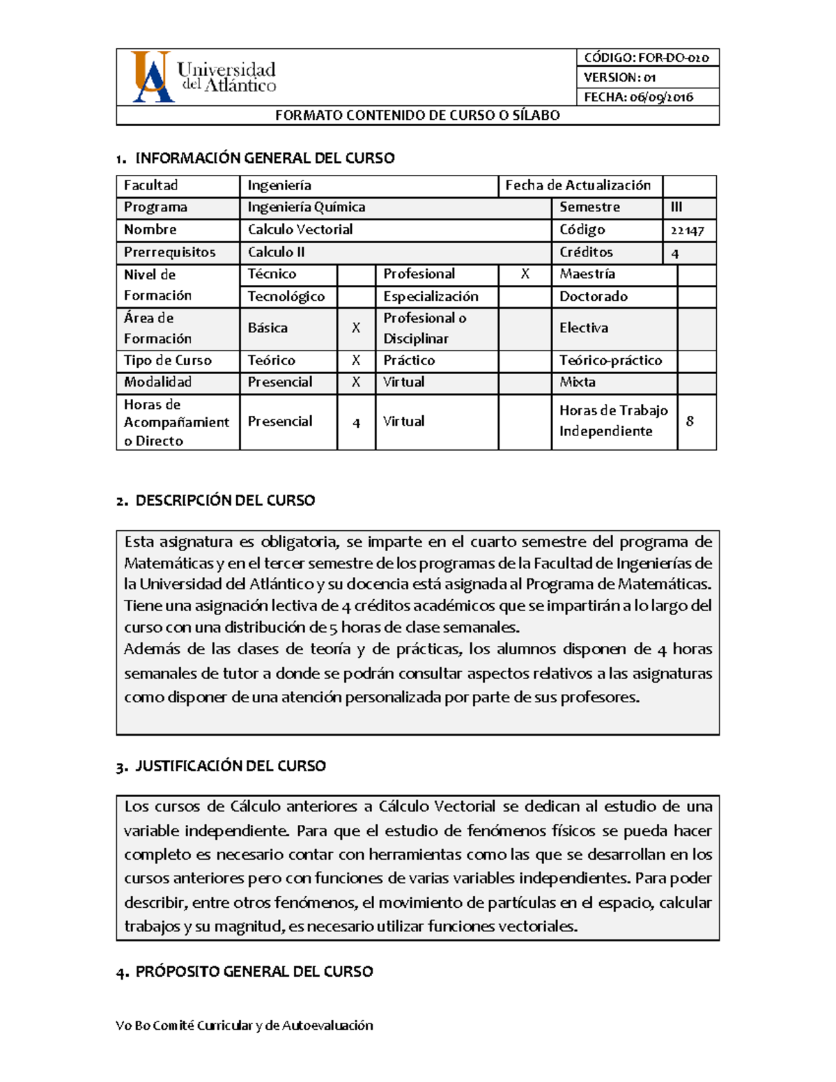 Clculo Vectorial Silab Version Fecha Formato Contenido De Curso O S Labo