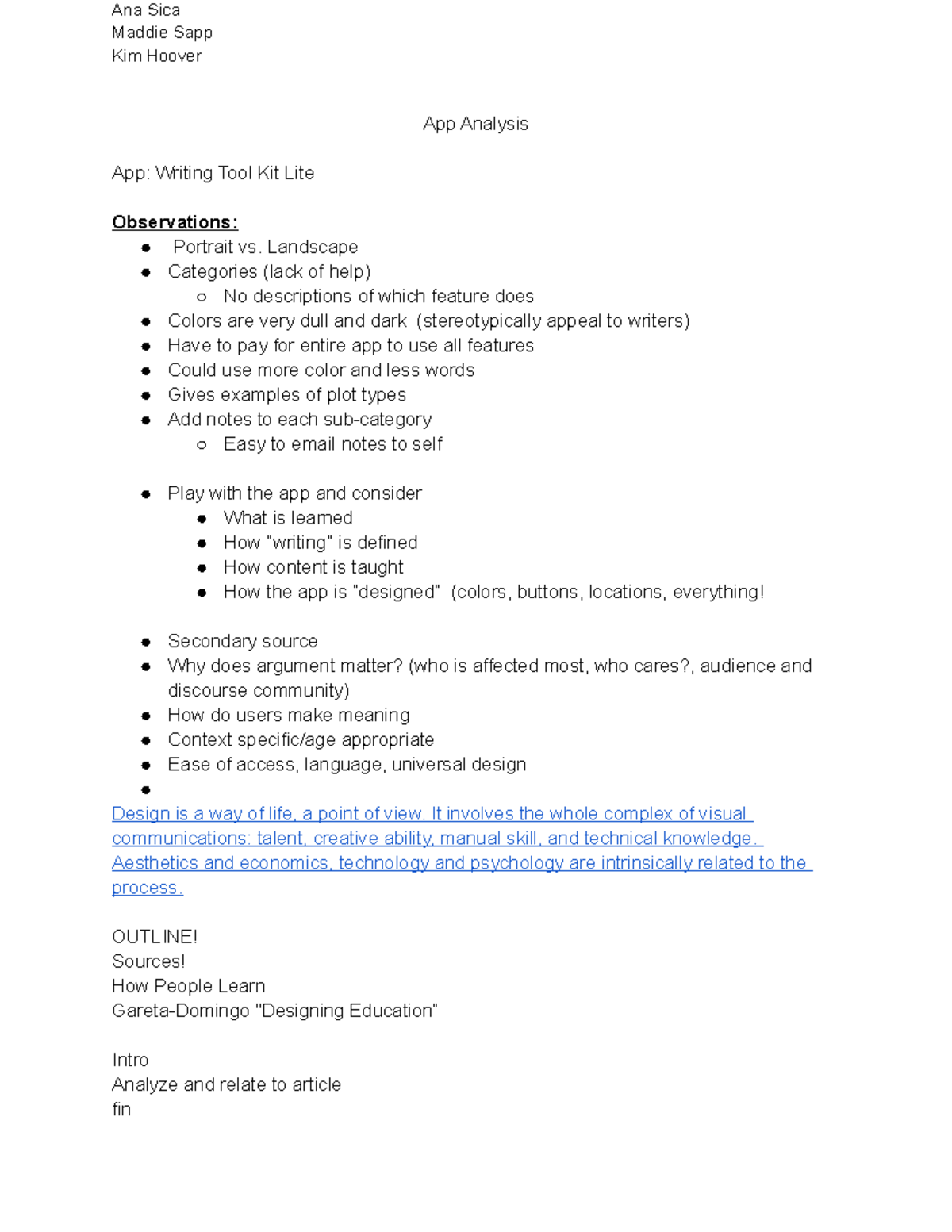 App Analysis - Grade: A - Ana Sica Maddie Sapp Kim Hoover App Analysis ...