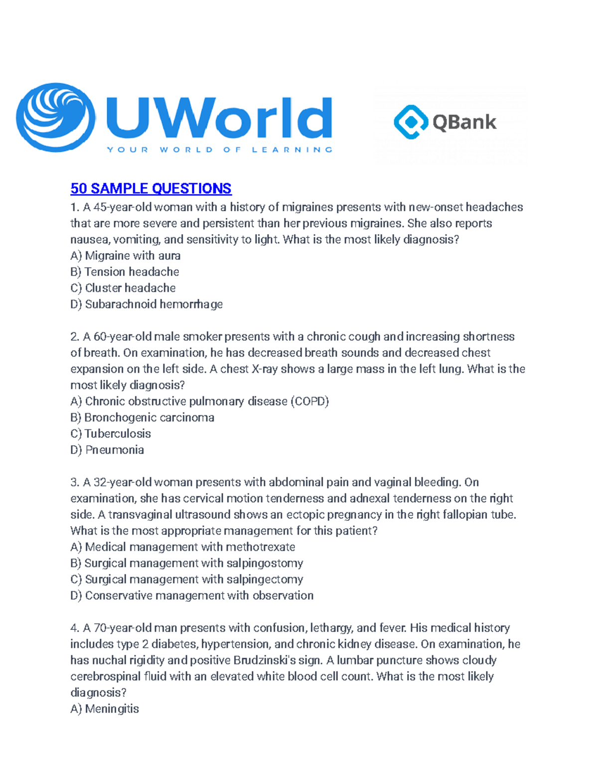 Uworld Qbank - Question Bank - 50 SAMPLE QUESTIONS A 45-year-old Woman ...