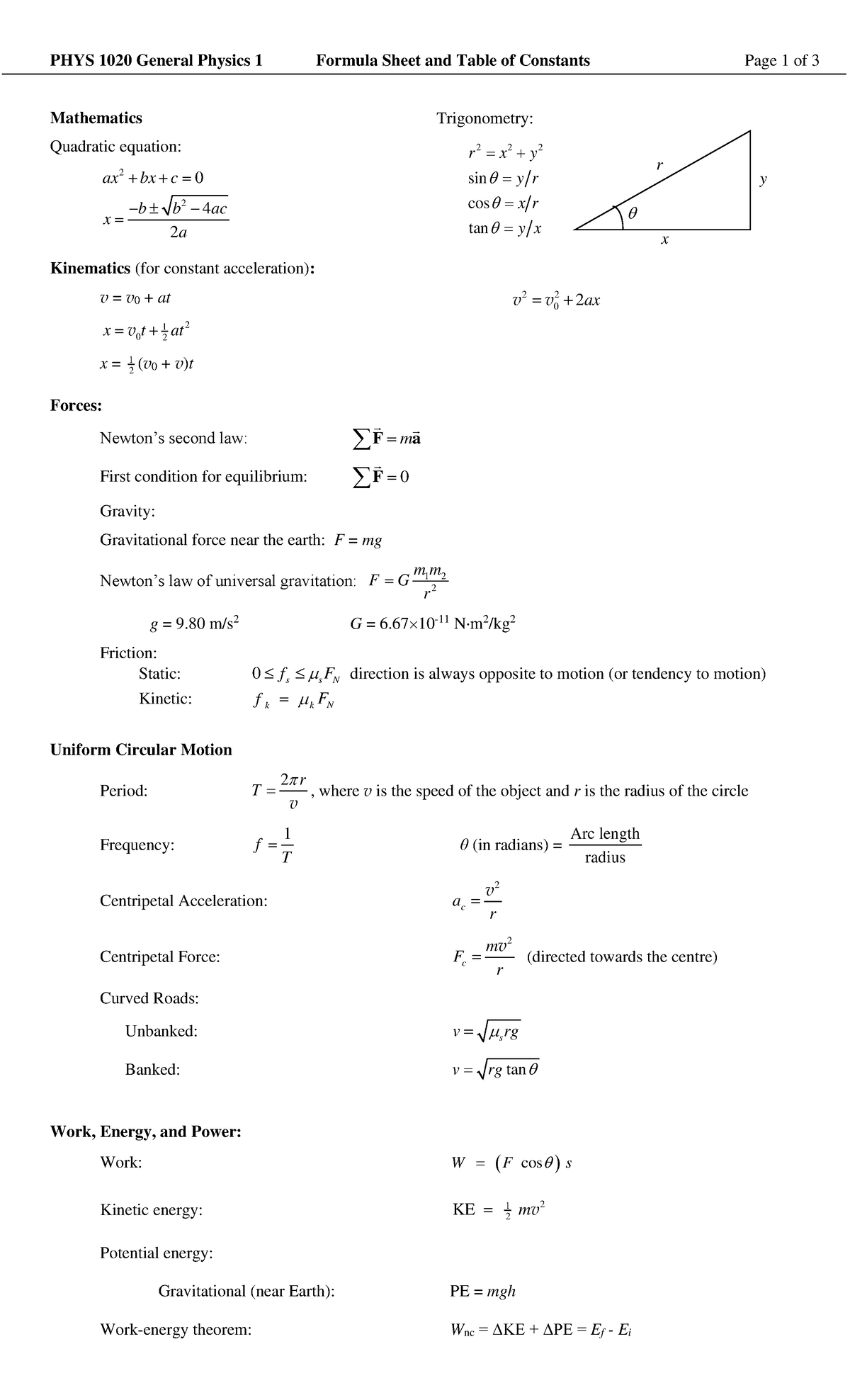 Formula sheet AND constants - PHYS 1020 General Physics 1 Formula Sheet ...