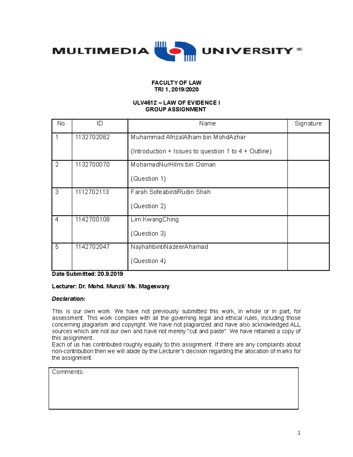 Evidence Assignment- Admission & Confession - FACULTY OF LAW TRI 1 ...