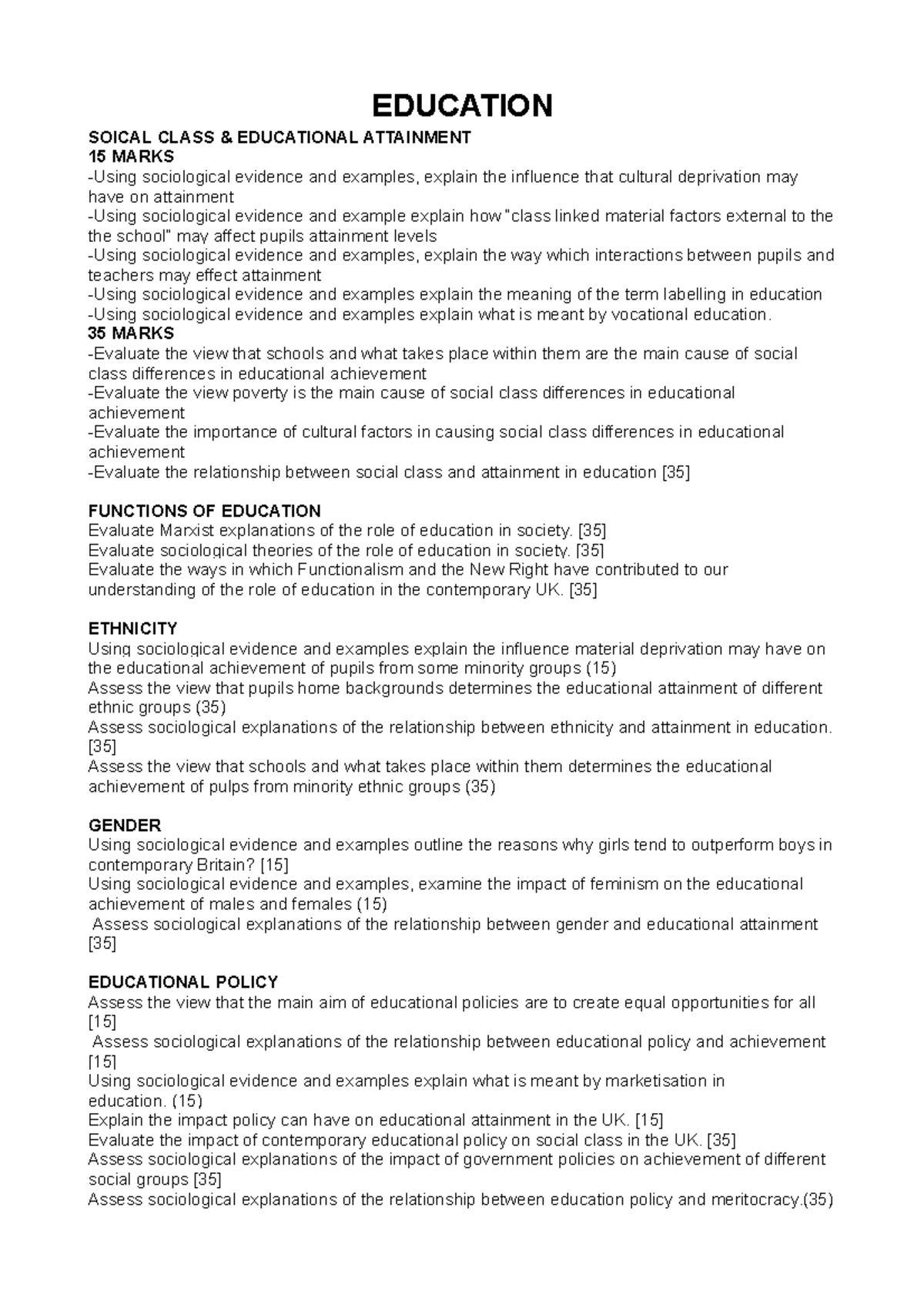 sociology exam questions education